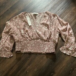 She + Sky Pink Puff Sleeve Ruched Crop Blouse